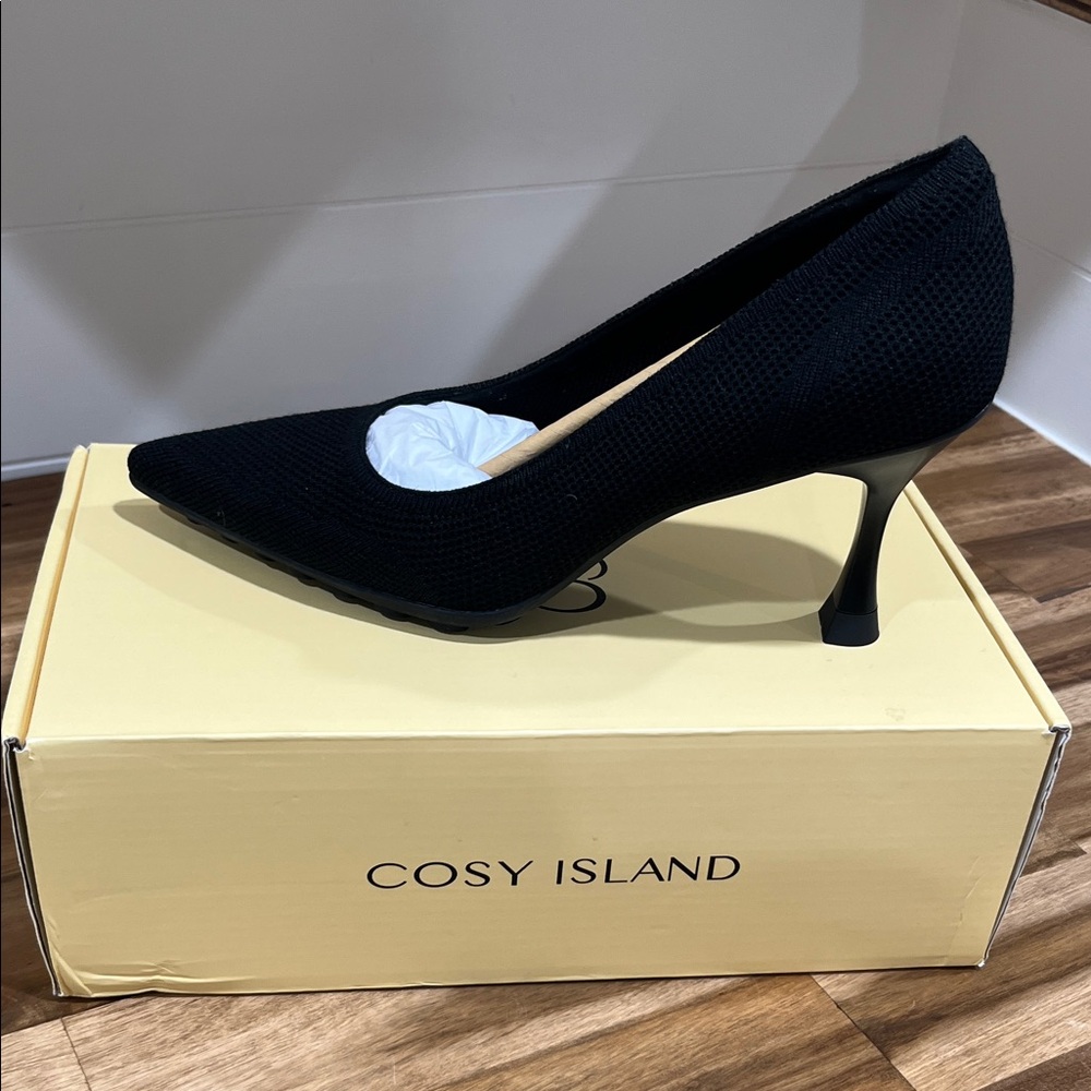 Cosy Island Black Pointed Knit Heel Pump